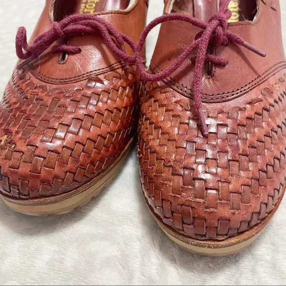 Vintage Woven Wedges 70s Captivators Brown Leather Tie Oxford Heels - Picture 9 of 12